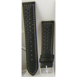 BRACELET PERFORE TYPE HEUER EN CUIR NOIR COUTURES BEIGES TAILLE 20 