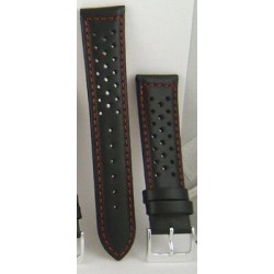 BRACELET PERFORE TYPE HEUER EN CUIR NOIR COUTURES ROUGES TAILLE 20 